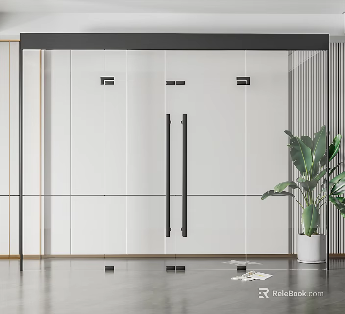 Modern Kitchen Interior With Glass Doors White Cabinets And Green Plant 3d model 