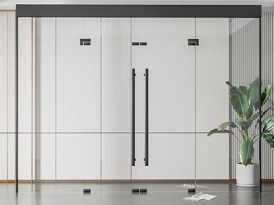 Modern Kitchen Interior With Glass Doors White Cabinets And Green Plant 3d model