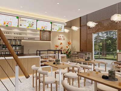 Modern Bubble Tea Shop Interior With Wooden Tables Seating Area Menu Boards And Plants 3d model