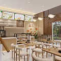 Modern Bubble Tea Shop Interior With Wooden Tables Seating Area Menu Boards And Plants