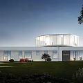 Modern White Building With Circular Roof Near Waterfront And Lush Green Garden