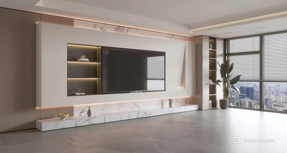 Elegant Modern TV Stand with Marble Countertop Storage Cabinets LED Strip Lights and Green Plant 3d model 