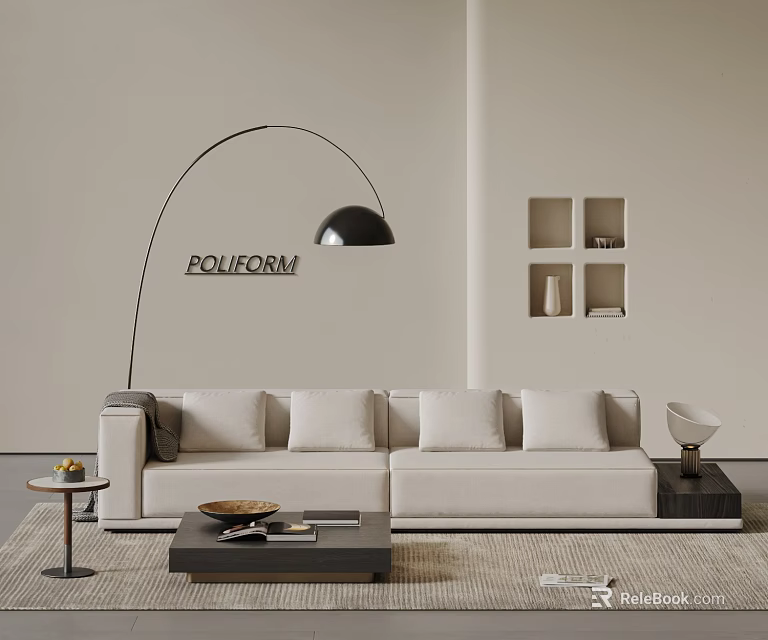 Modern Cream Multi Seater Sofa with Arc Floor Lamp Coffee Table and Wall Shelves 3d model 
