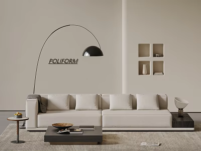 Modern Cream Multi Seater Sofa with Arc Floor Lamp Coffee Table and Wall Shelves 3d model