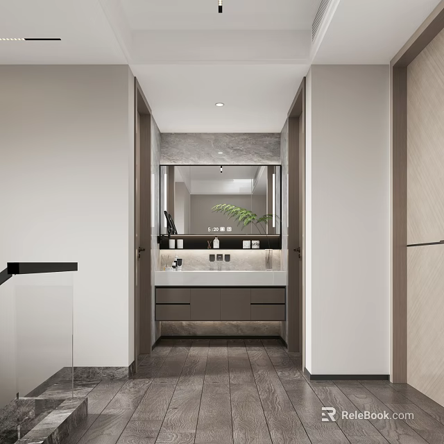 Modern Entryway Interior Design With Mirror Counter Sink Green Plant And Tile Floor 3d model 