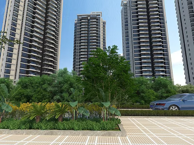 High Rise Residential Buildings With Greenery Parking Area And Blue Car 3d model
