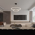 Modern Living Dining Room Interior With Light Beige Sofa Circular Pendant Light And Coffee Table
