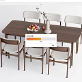 Wooden Rectangular Dining Table Set with Light Gray Chairs and Fruit Bowl Vase 3d model
