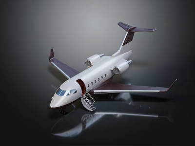 Private Passenger Jet on Reflective Surface with Silver Body Maroon Tail and Open Entry Stairs 3d model