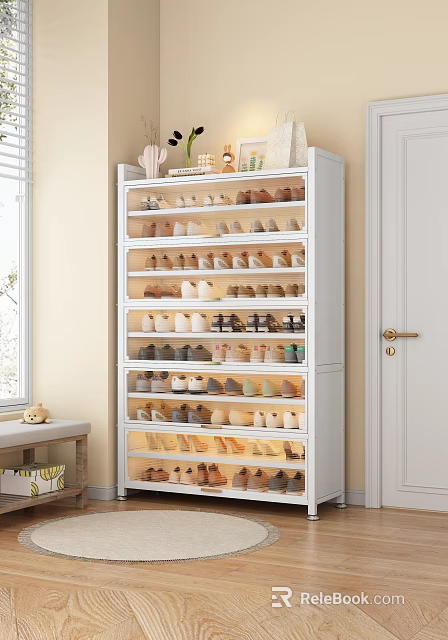 Modern White Multi Layer Shoe Cabinet With Transparent Doors For Tidy Home Entryway Shoe Storage 3d model 