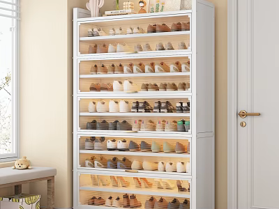 Modern White Multi Layer Shoe Cabinet With Transparent Doors For Tidy Home Entryway Shoe Storage 3d model