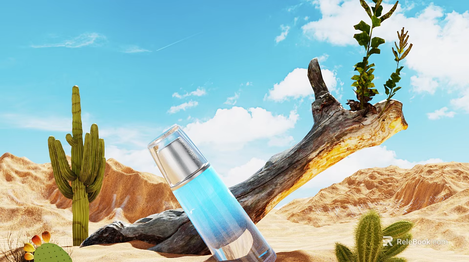 Beautiful Sunny Desert Landscape With Green Cacti Driftwood Rocks And Clear Bright Cloud Dotted Sky 3d model 