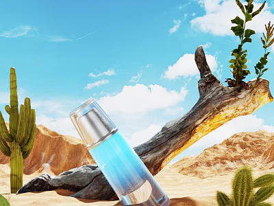 Beautiful Sunny Desert Landscape With Green Cacti Driftwood Rocks And Clear Bright Cloud Dotted Sky 3d model