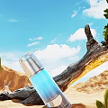 Beautiful Sunny Desert Landscape With Green Cacti Driftwood Rocks And Clear Bright Cloud Dotted Sky