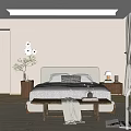 Modern Minimalist Bedroom Interior With White Headboard Gray Bedding And Wooden Bench