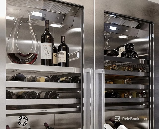 Stainless Steel Wine Cooler Interior With Wine Bottles And Glasses On Multiple Shelves 3d model 
