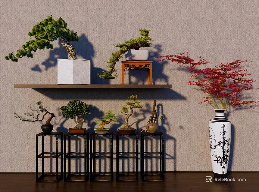 Bonsai Potted Plants On Wooden Shelves And Black Stands With Curved Shapes And Red Leaves 3d model 