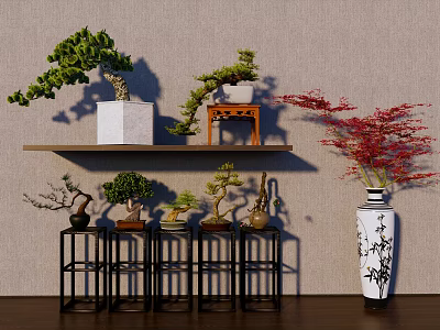 Bonsai Potted Plants On Wooden Shelves And Black Stands With Curved Shapes And Red Leaves 3d model