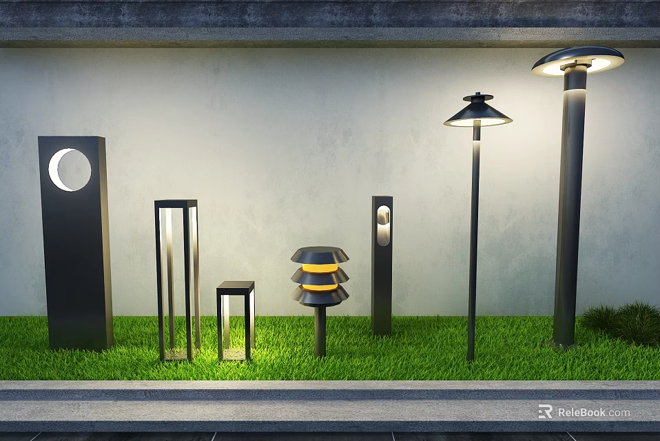 Modern Outdoor Lights In Diverse Styles Placed On Lush Green Grass 3d model 