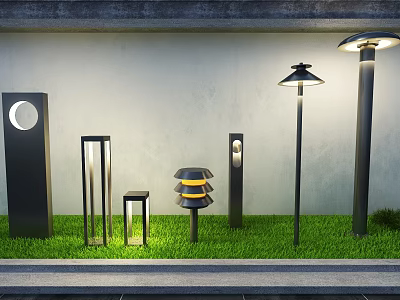 Modern Outdoor Lights In Diverse Styles Placed On Lush Green Grass 3d model