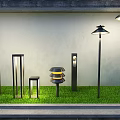 Modern Outdoor Lights In Diverse Styles Placed On Lush Green Grass