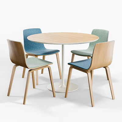Modern Round Wooden Table With White Legs And Four Colored Upholstered Chairs 3d model