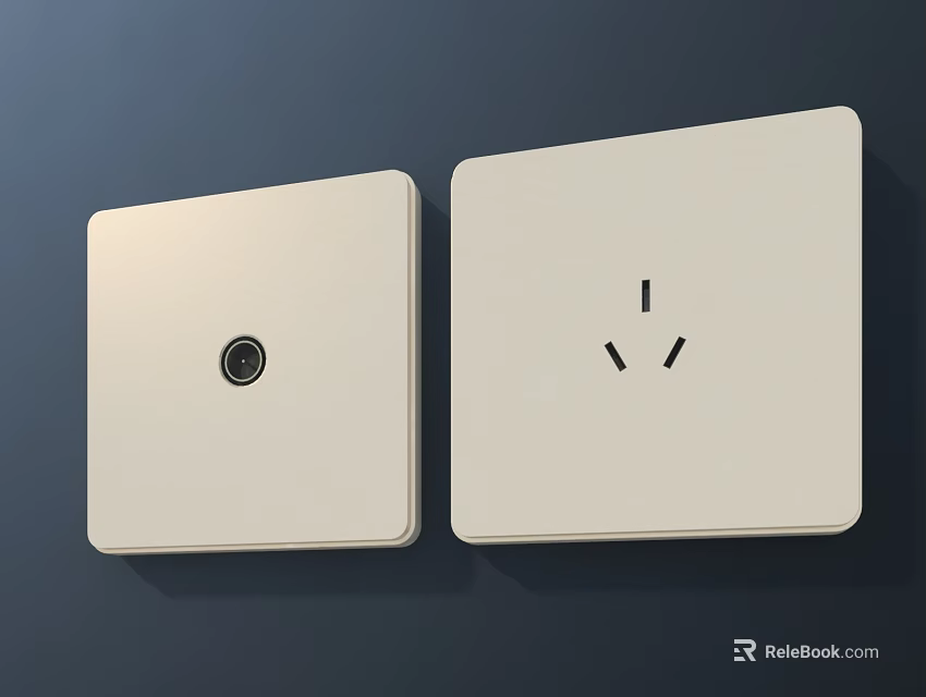 White Square Wall Clock And Power Socket On Dark Wall Surface 3d model