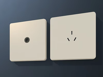 White Square Wall Clock And Power Socket On Dark Wall Surface 3d model