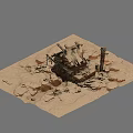 Ruined Architectural Components With Collapsed Structures And Remaining Pillar On Sandy Ground