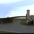 Scenic Entrance Gate With Stone Arch Pillars And Wheel Decorations For Industrial Park