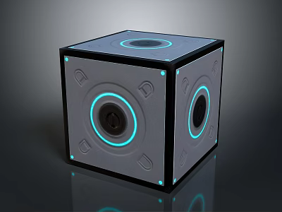 Modern Gray Cube Shaped Computer Accessory With Blue Glowing Rings And Control Buttons 3d model