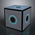 Modern Gray Cube Shaped Computer Accessory With Blue Glowing Rings And Control Buttons 3d model