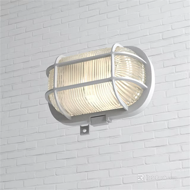 Illuminated Modern Wall Lamp With Metal Grid Frame And Coiled Bulb On White Brick Wall 3d model 