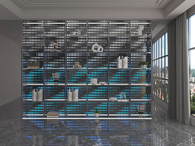 Modern Perforated Shelving Unit In Spacious Interior Space With Decorative Items Books And Lighting Effects 3d model