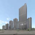 Modern High Rise Office Tower With Glass Curtain Wall And Urban Street Surroundings