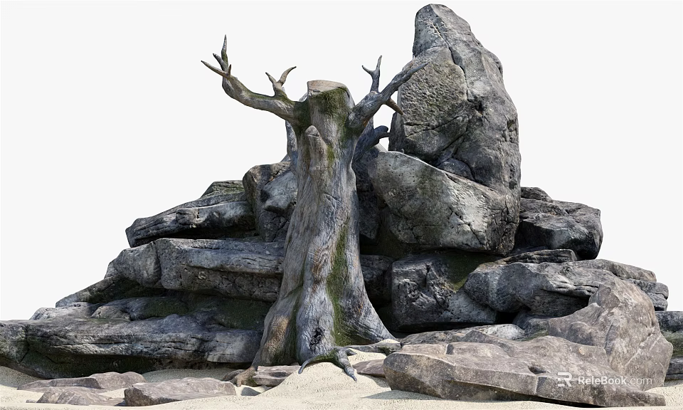 Natural Garden Ornament Featuring Tree Stump And Stacked Rocks With Moss 3d model 