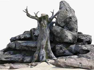 Natural Garden Ornament Featuring Tree Stump And Stacked Rocks With Moss 3d model