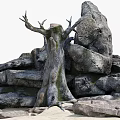 Natural Garden Ornament Featuring Tree Stump And Stacked Rocks With Moss