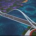 Modern White Arch Cable Stayed Bridge Over Blue Water With Green Trees And Road Traffic