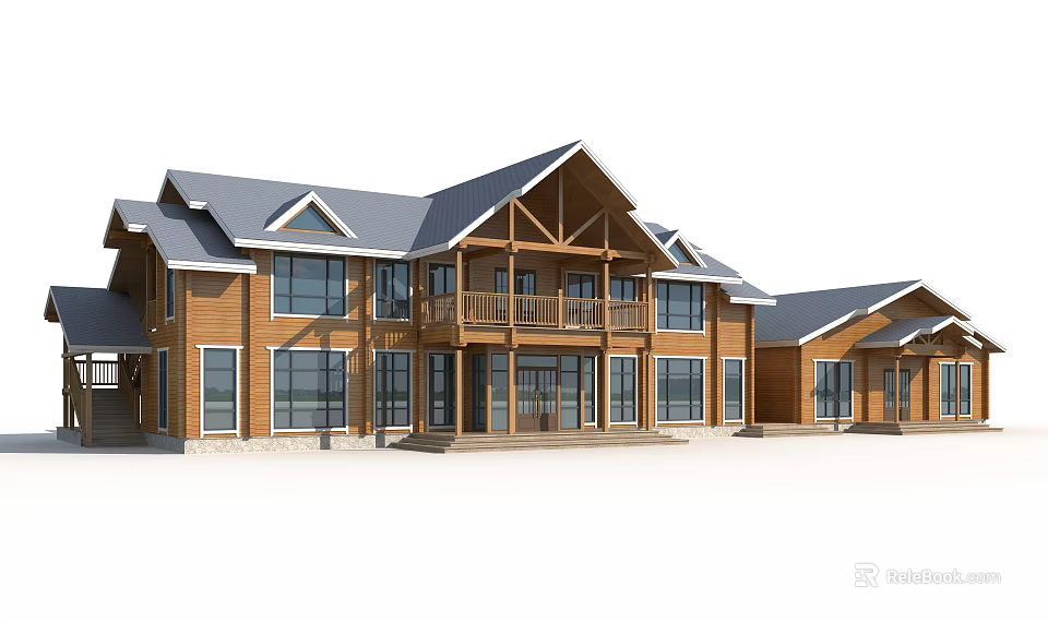 Spacious Wooden House With Gray Roof Large Windows And Porch Design 3d model 