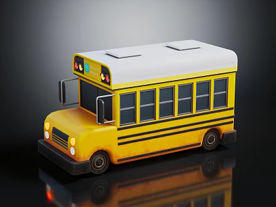 Yellow School Bus Cartoon Model With White Roof Black Stripes Headlights And Windows 3d model