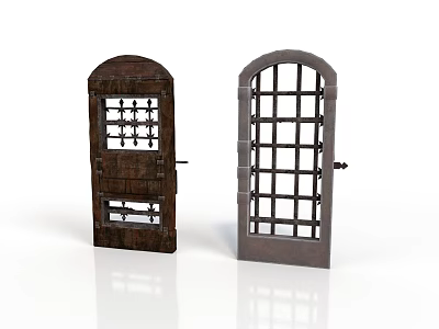 Vintage Wooden And Metal Grille Doors With Arch Top And Grid Pattern Design 3d model