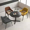 Round Table with Brown Yellow Gray Chairs Green Plant and Book in Modern Minimalist Interior