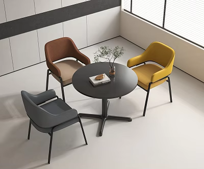 Round Table with Brown Yellow Gray Chairs Green Plant and Book in Modern Minimalist Interior 3d model