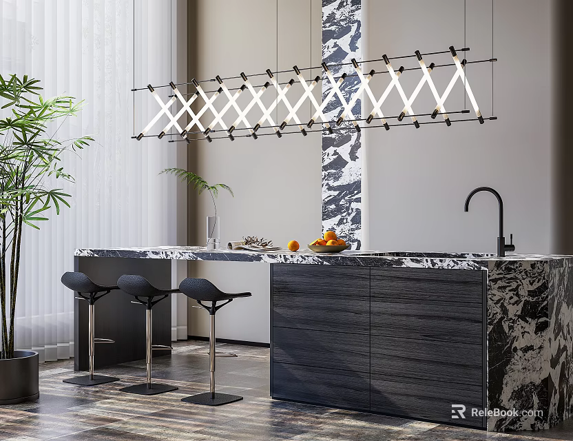 Modern Bar Counter With Marble Top Black Stools Geometric Pendant Lights Fresh Fruits And Plant 3d model 
