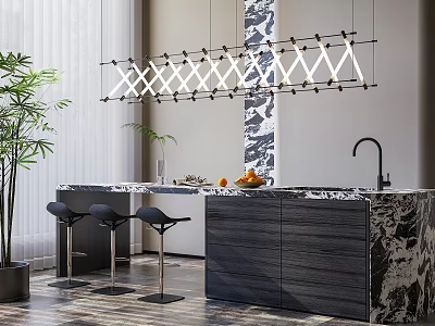 Modern Bar Counter With Marble Top Black Stools Geometric Pendant Lights Fresh Fruits And Plant 3d model