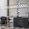 Modern Bar Counter With Marble Top Black Stools Geometric Pendant Lights Fresh Fruits And Plant
