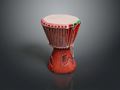 Traditional Handcrafted Drum with Red Body White Drumhead Colorful Trim and Carved Patterns 3d model