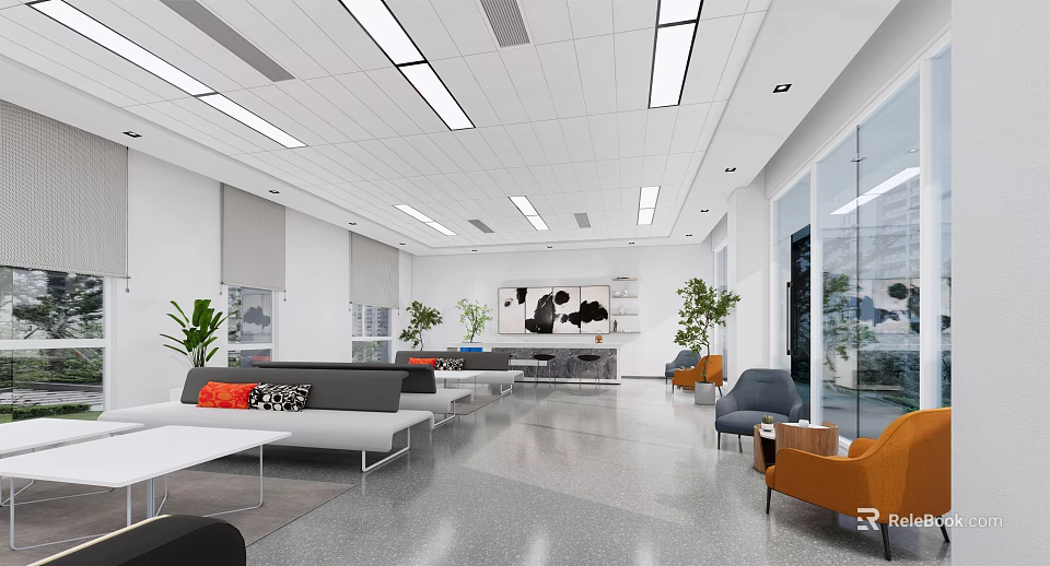 Modern Lounge Area Interior Design With Comfortable Sofas Plants Artwork Tables And Large Windows 3d model