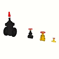 Various Colored Industrial Valves With Red Handwheels And Flanged Connections